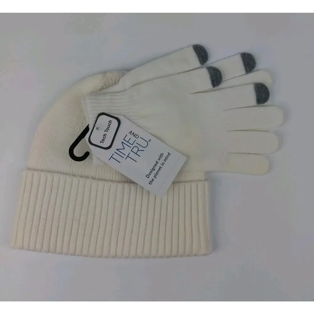 Time and Tru Women's Coordinate Beanie With Gloves, One Size Fits Most, White